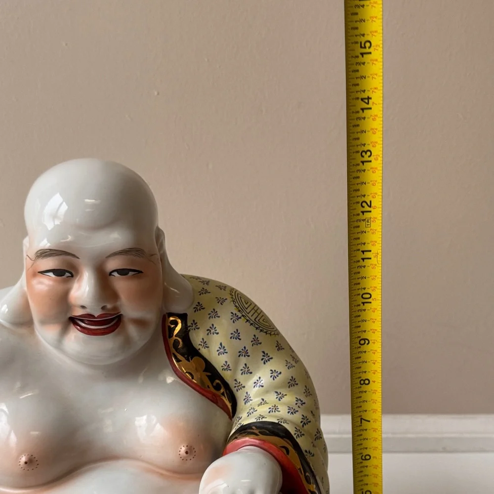 Vintage Hand-Painted Porcelain Laughing Buddha Statue in White and Multicolor - Picture 13 of 14